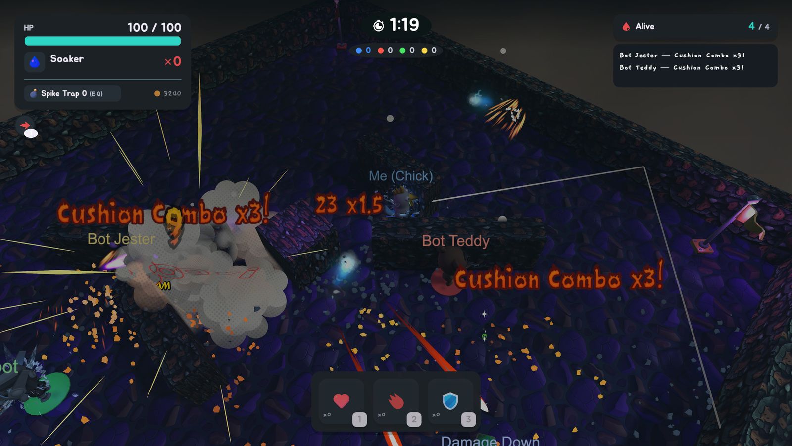 A triple cushion combo in the amethyst maze arena