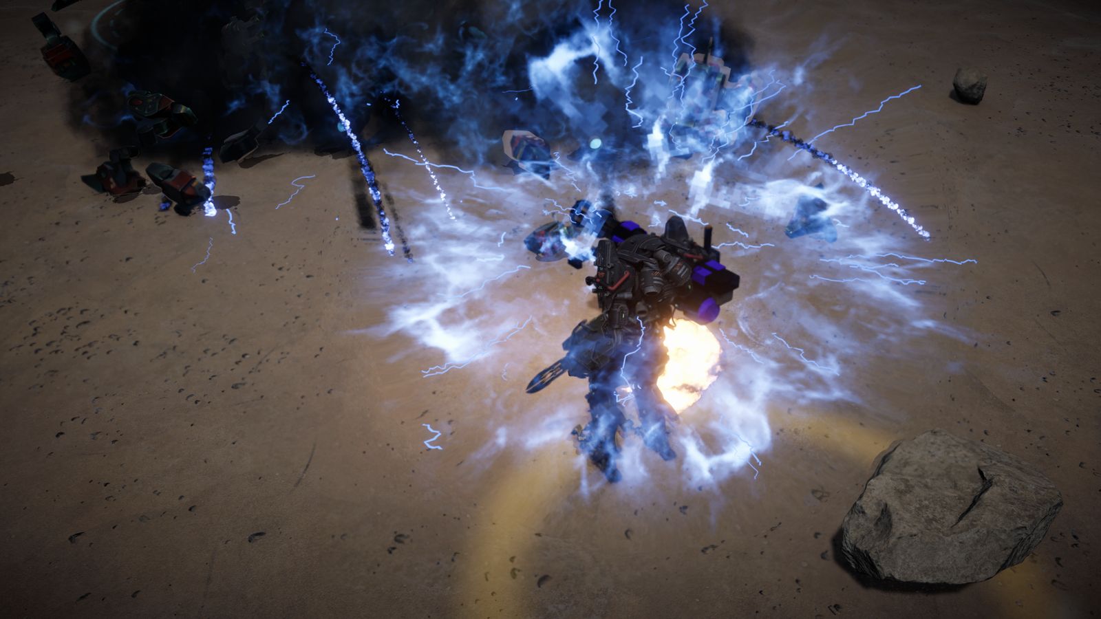 A mech dropping in through lightning