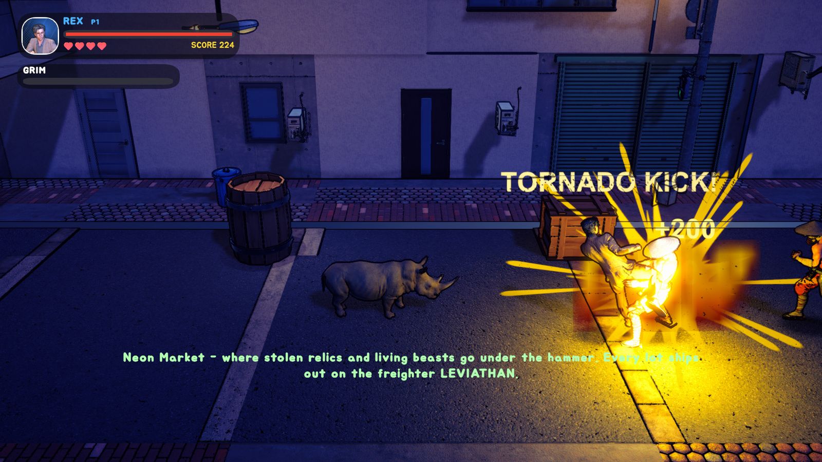 REX landing a tornado kick on a night street