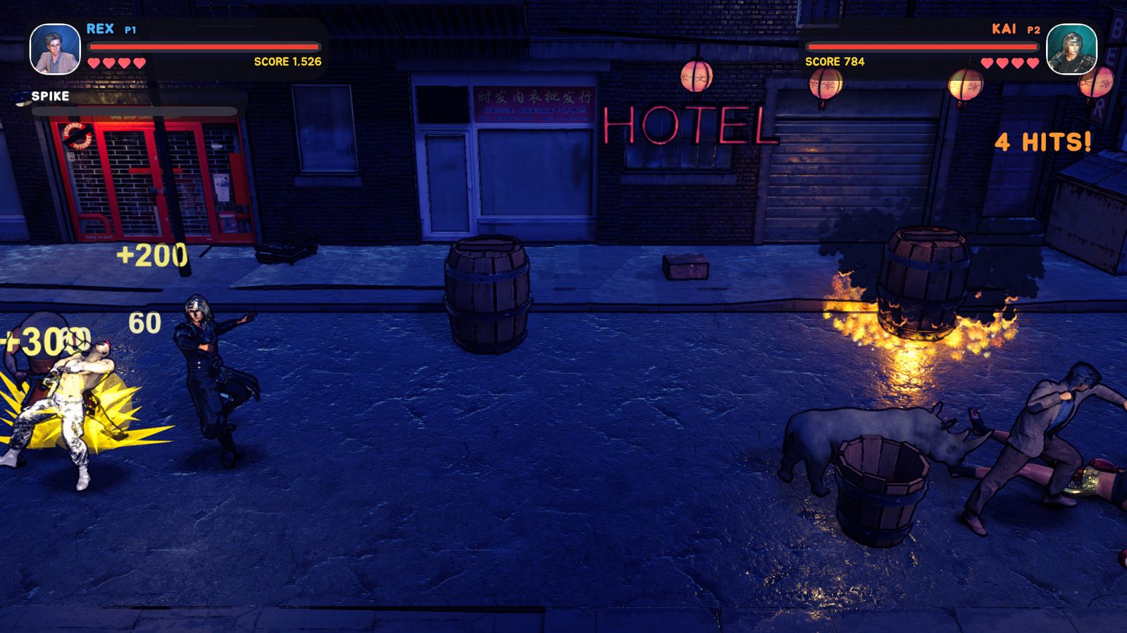 REX and KAI in 2-player co-op in a neon hotel alley